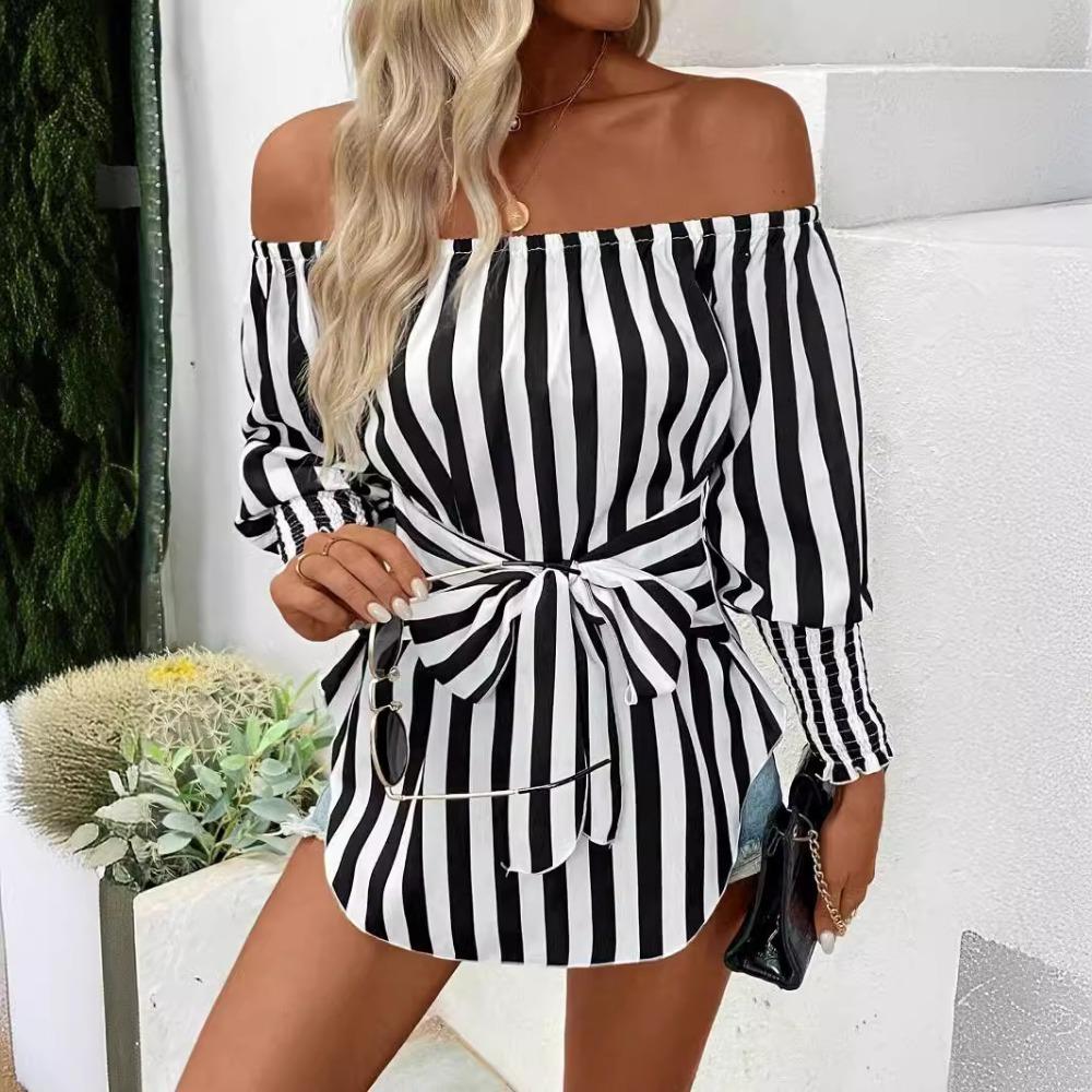 Women's Fashion Loose Strapless Lantern Sleeve Asymmetric Hem Striped Shirt