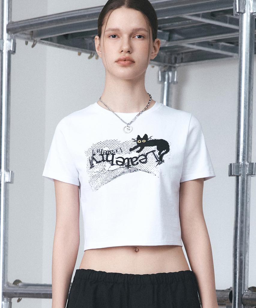 Ledeoli Notty Cat Crop Short Sleeve T-Shirt [White]
