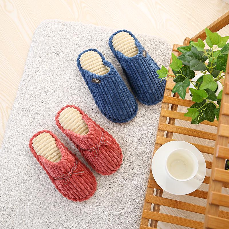 Unisex Non-slip Plush Corduroy Slippers with Bow, Warm Cotton Fleece Lining for Autumn and Winter