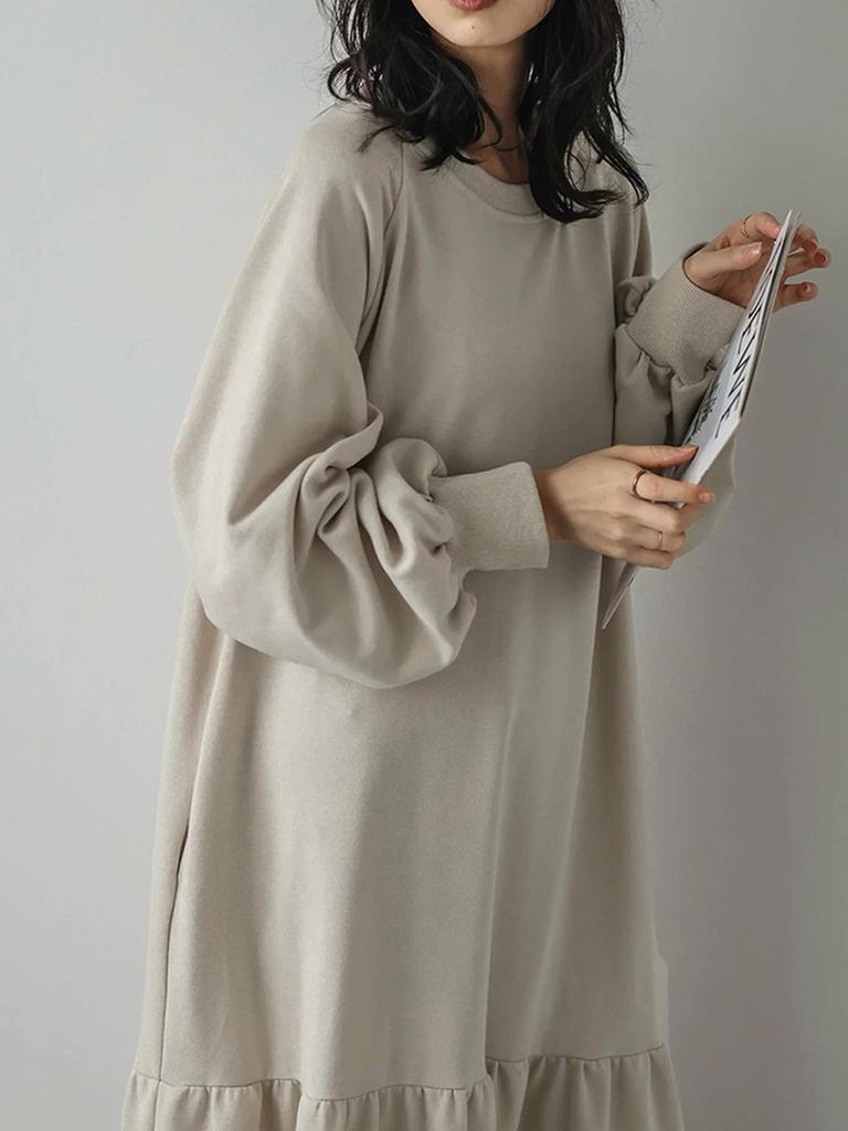 Autumn Women's Loose Mid-Length Patchwork Ruffled Hem Sweatshirt Dress Long Sleeve Knee-Length Dress