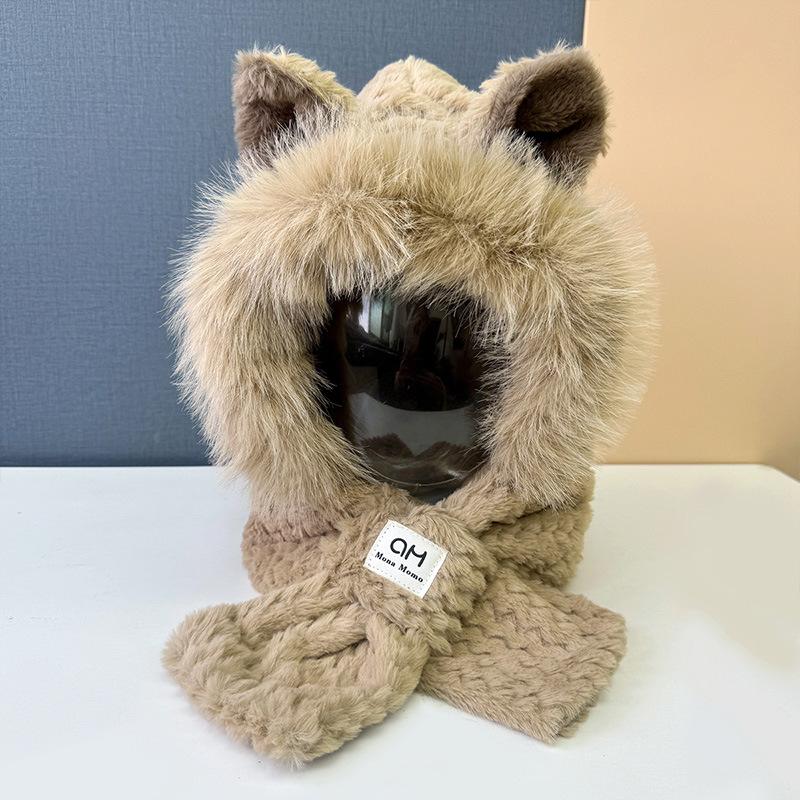 

Плюшевая шапка, шарф, интегрированный женский новый осенне-зимний шарф с капюшоном, защита ушей для езды, теплый комплект из двух предметов One size