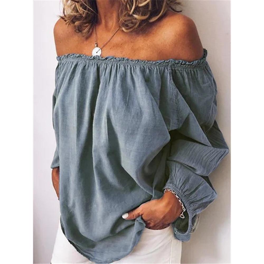 Camicie casual a maniche lunghe da donna T-shirt larghe pieghettate Camicette in chiffon Donna Collo elastico con spalle scoperte Top in lino tinta unita