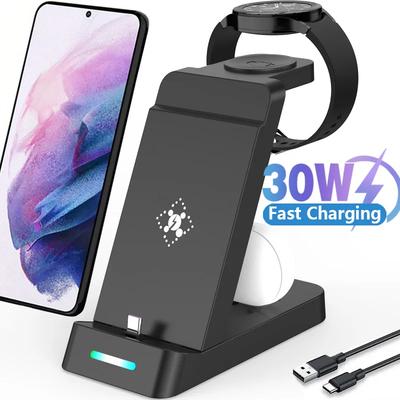 30W 3 in 1 Kabelloser Ladeständer Typ C Schnellladedockstation Für iPhone 15 Samsung S22 S21 Samsung Watch 6 5 4 Ohrhörer