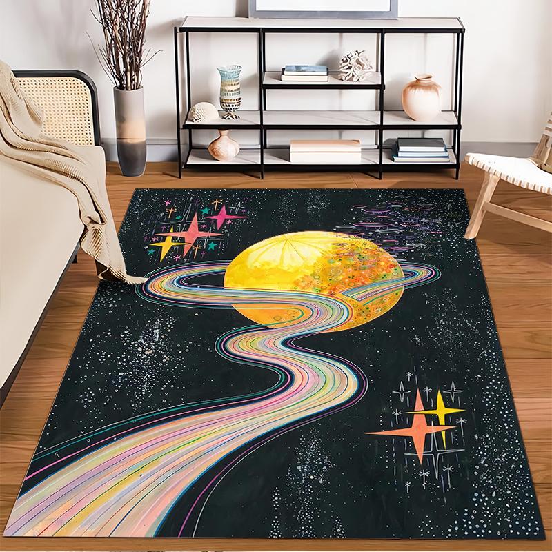 "Colorful Galaxy Carpet with Planet, Stars, and Rainbow Trail Design" Suitable for use as an anti-slip for living room bedroom sofas