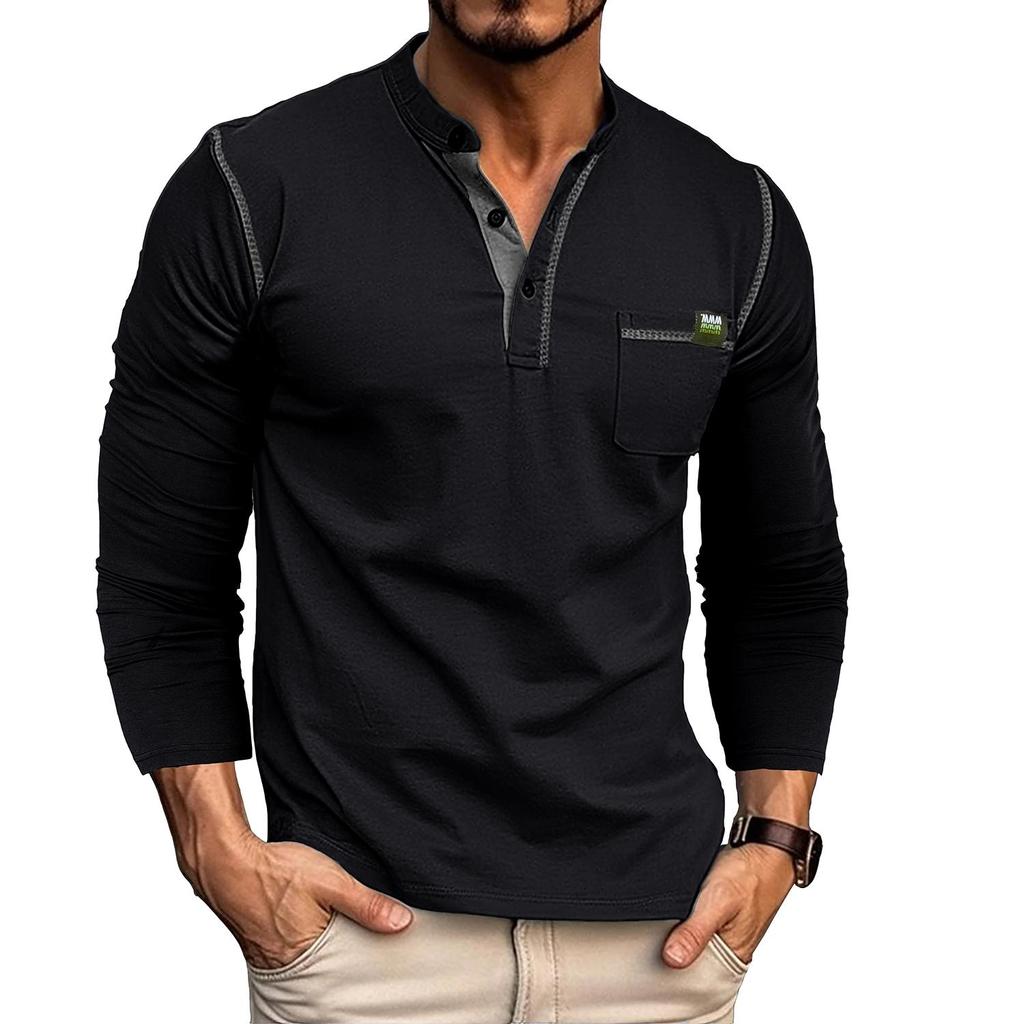 Men's Clothing Button down Shirts Long Sleeves Pullovers Knitted T-shirts In Matching Color Buttons Round Neck Tops with Chest Pockets Stylish Casual