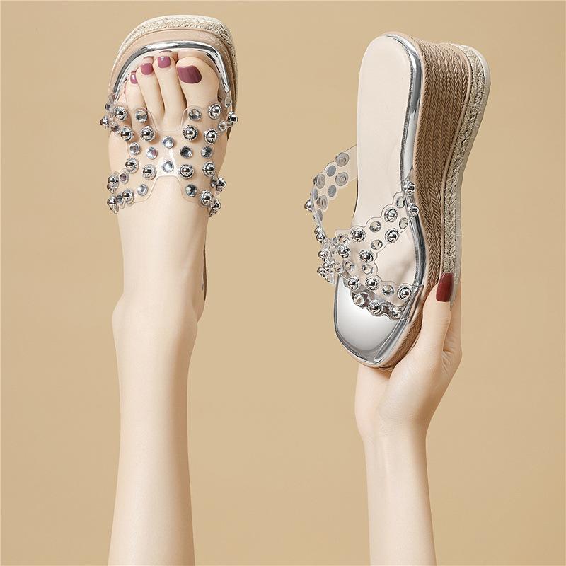 Leichter Luxus Strass Plateau-Sandalen Hausschuhe Dicksohlige High-End-Schuhe Damen Sommerkleidung Sandalen Lässig und Bequem Vielseitig