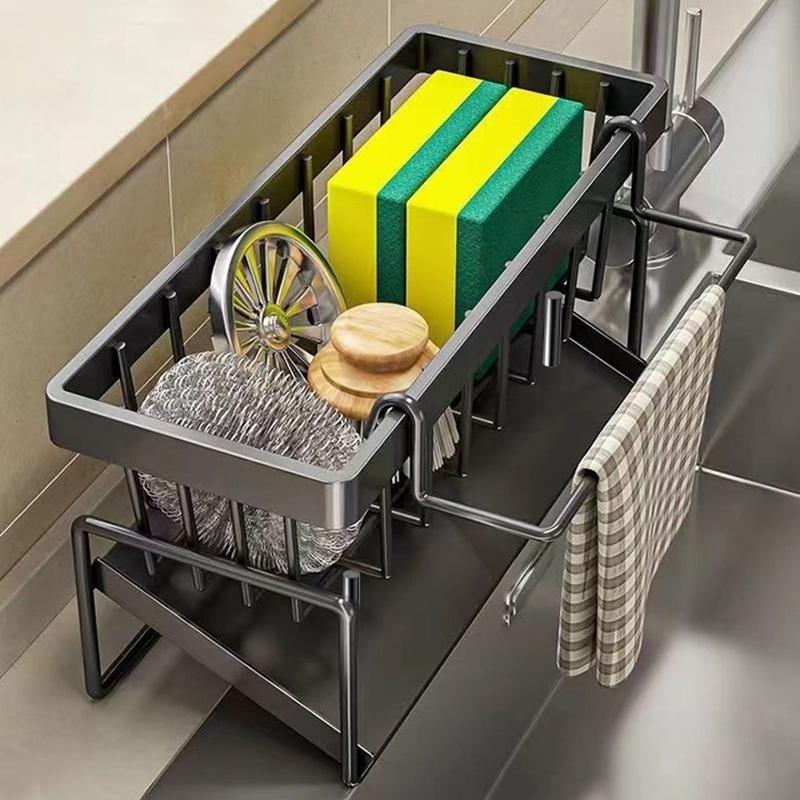 Kitchen Sink Caddy, Sponge Holder Self Drain Soap Dish With Detachable Dishcloth Rack For Dishcloth Soap Brushes Space Saving