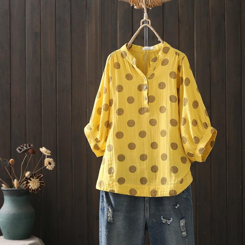 Autumn Double-layer Cotton Yarn Blouses & Shirts Printed Plus Size Shirt Loose Five Quarter Sleeve Stand Up Collar Top Cotton Yarn Shirt