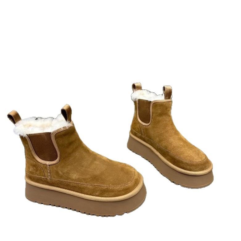 מגפי שלג לנשים עם סוליה עבה ופרווה משולבת, מגפי חורף קצרים חדשים לשנת 2025, נעלי כותנה צפון-מזרחיות חמות, עבות ומרופדות