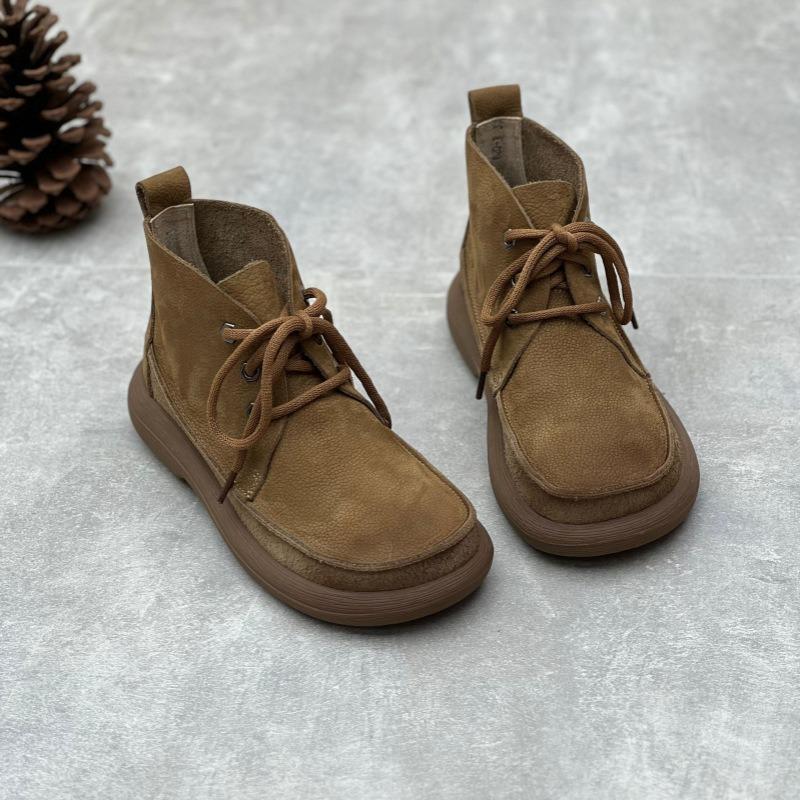 Women's Genuine Leather Ankle Boots Plush Fur Warm Winter Ladies Flat Shoes British Style Lace-Up Round Toe Women Short Boots