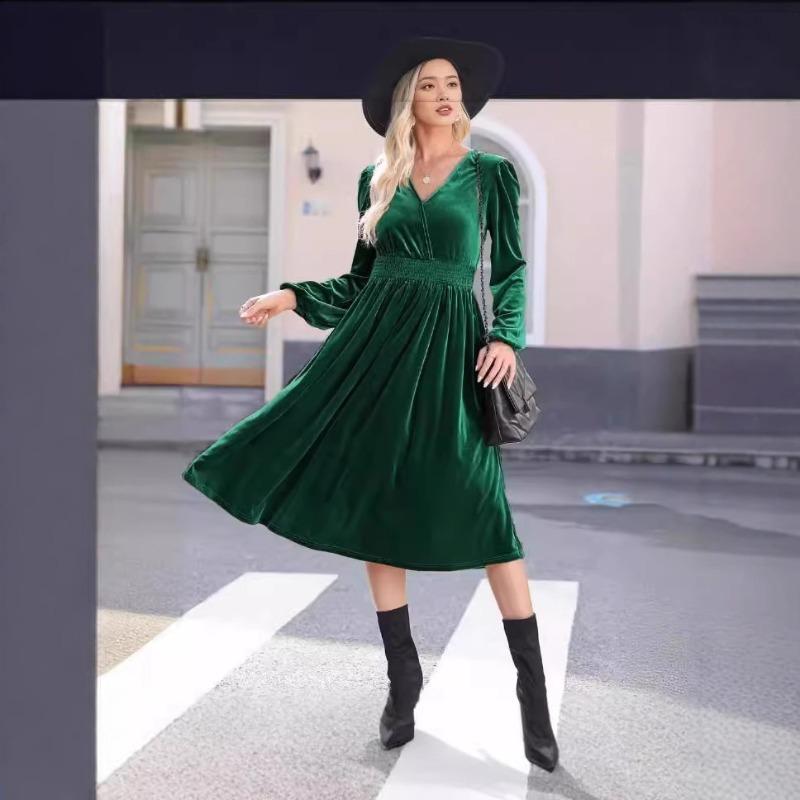 Autumn and Winter Solid Color Outside Long-sleeved Dress Commuter V-neck Pleated High-waisted Dress