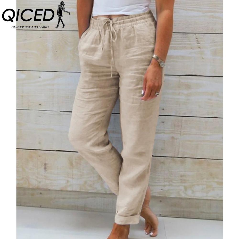 QICED Women's Summer Wide Leg Elastic Waist Trousers Nine Points