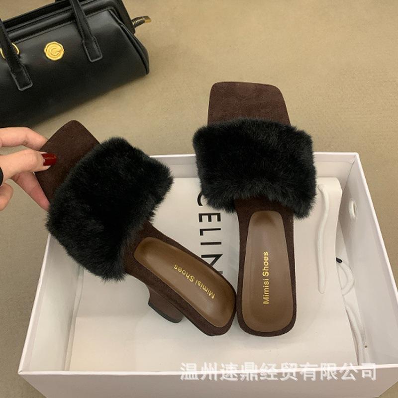 Super fairy keep it for yourself~! One-word with high heels and gentle fluffy slippers for women's autumn and winter wear square head special-shaped