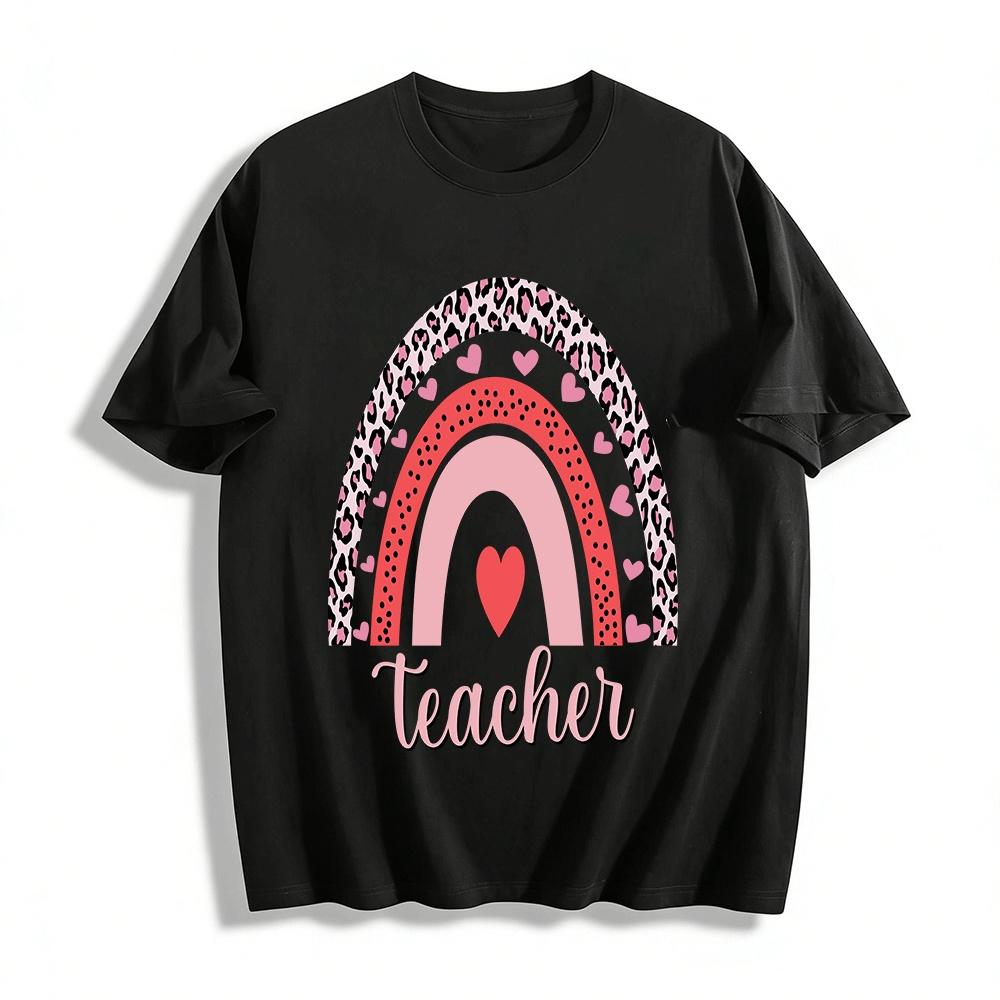 Valentine's Day Leopard Print Rainbow Heart Teacher Graphic Tee Pure Cotton T-shirt