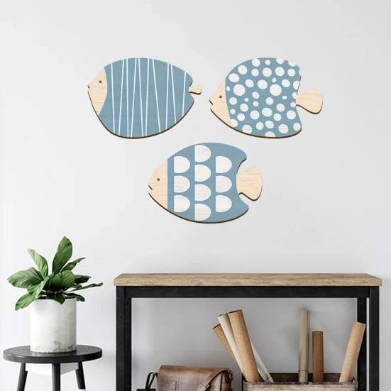 3 Pcs Wooden Fish Wall Decor Beach Nautical Coastal Theme Blue Fish Wall Sculpture Vintage Lake House Wall Art for Bathroom Living Room