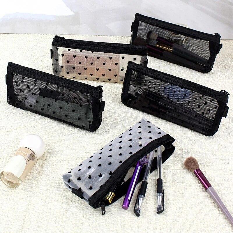 Mesh Pencil Case Cosmetic Makeup Bags Case Transparent Multifunction Organizer Folder Zipper Black Heart Pencil Case Storage Bag
