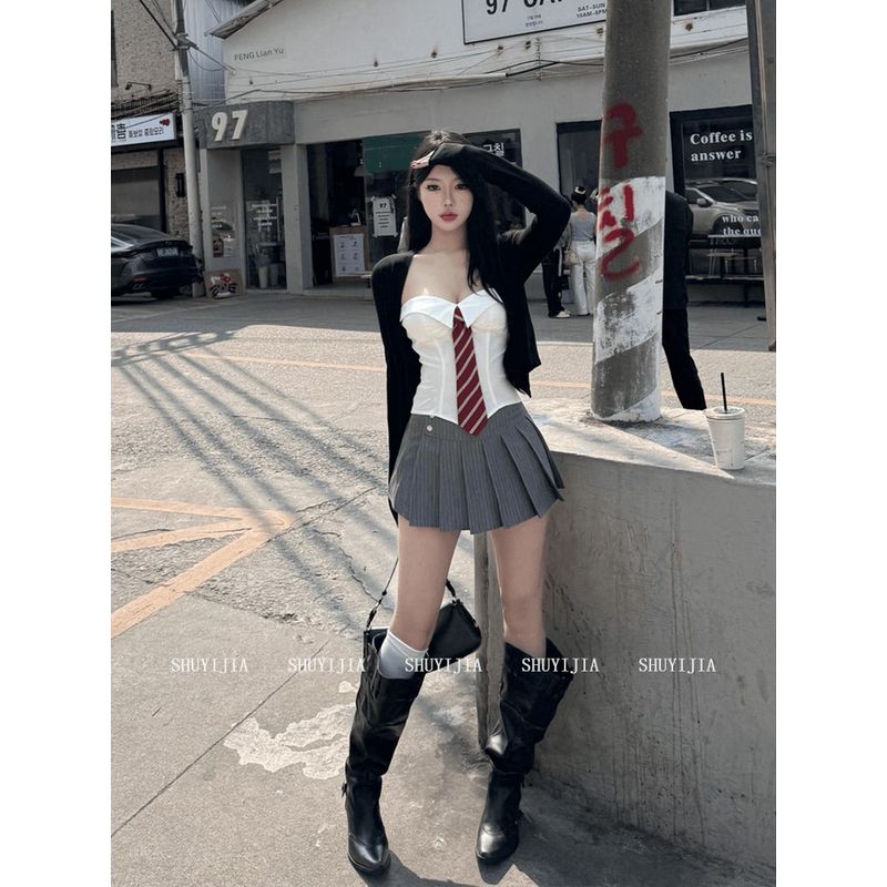 

Syj/Shu Yijia Slightly Oversized Girls Pure Desire Style Sexy Tube Top Tops Female Sexy High Waist Pleated A- line Skirt Outfit Cardigan M