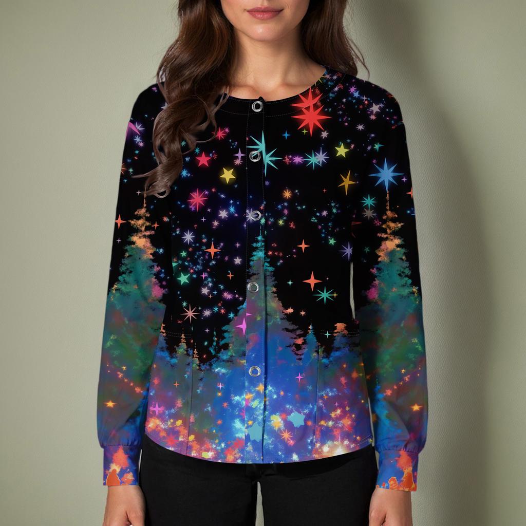 Women's Casual Long-sleeved Single-breasted Christmas Printed Protective Clothing Cardigan Top