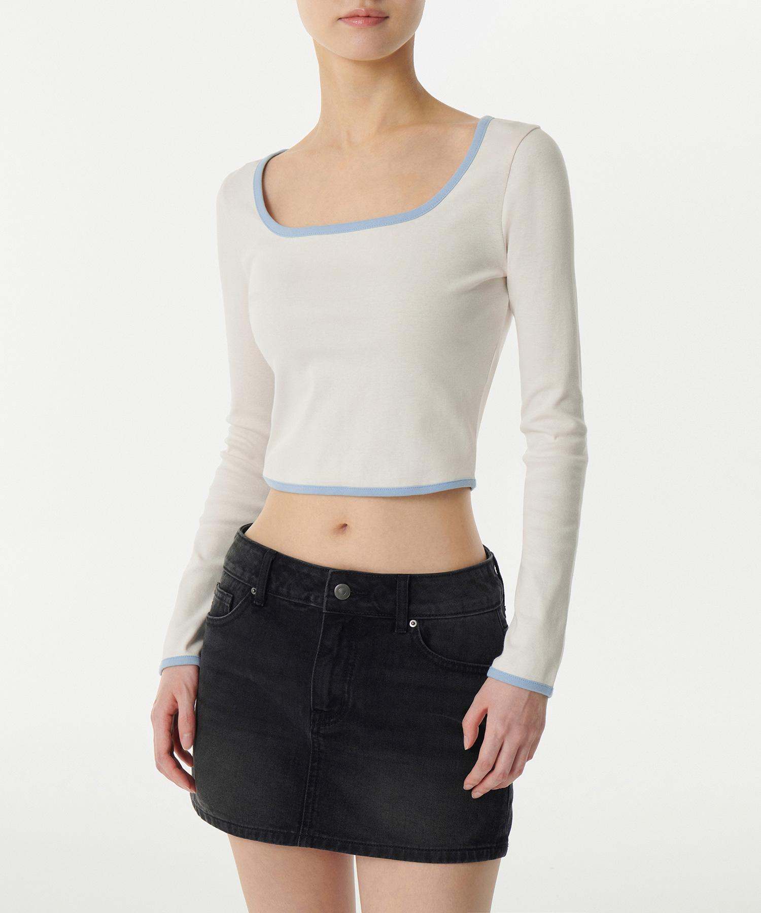 Musinsa Standard Woman Women S Slim Crop Square Neck Ringer Long Sleeve T-Shirt [Cream/Light Blue] Cream/Xs