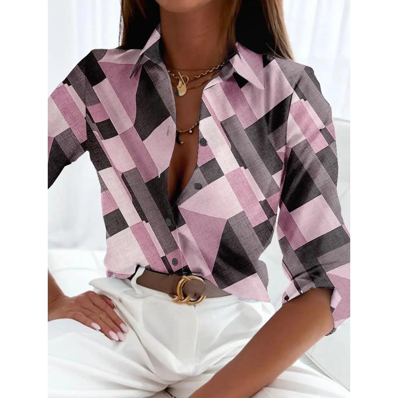 Women's Shirts Elegant Vintage Fashion Geometric Autumn Lapel Neck Blouse Womens Tops Long Sleeve Printed Shirts Womens Clothing