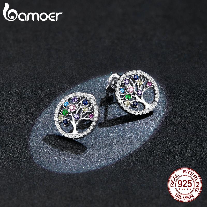BAMOER Authentic 925 Sterling Silver Colorful Tree of Life Earring Stud Statement Fashion Jewelry