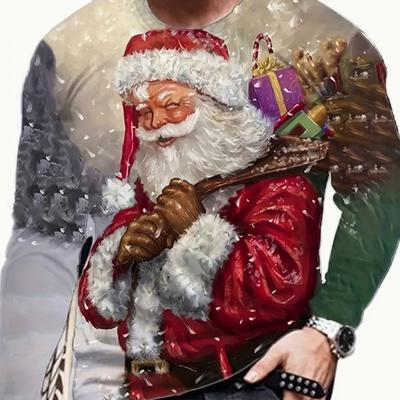 Herren-T-Shirts mit Weihnachtsmann-Aufdruck, langärmelig, Rundhalsausschnitt, lässiger Pullover, Herrenbekleidung in Übergröße