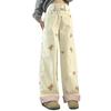 2025 Spring Little Bear Embroidered Pink Plaid Straight-Leg Jeans for Women - Slimming, Loose Fit