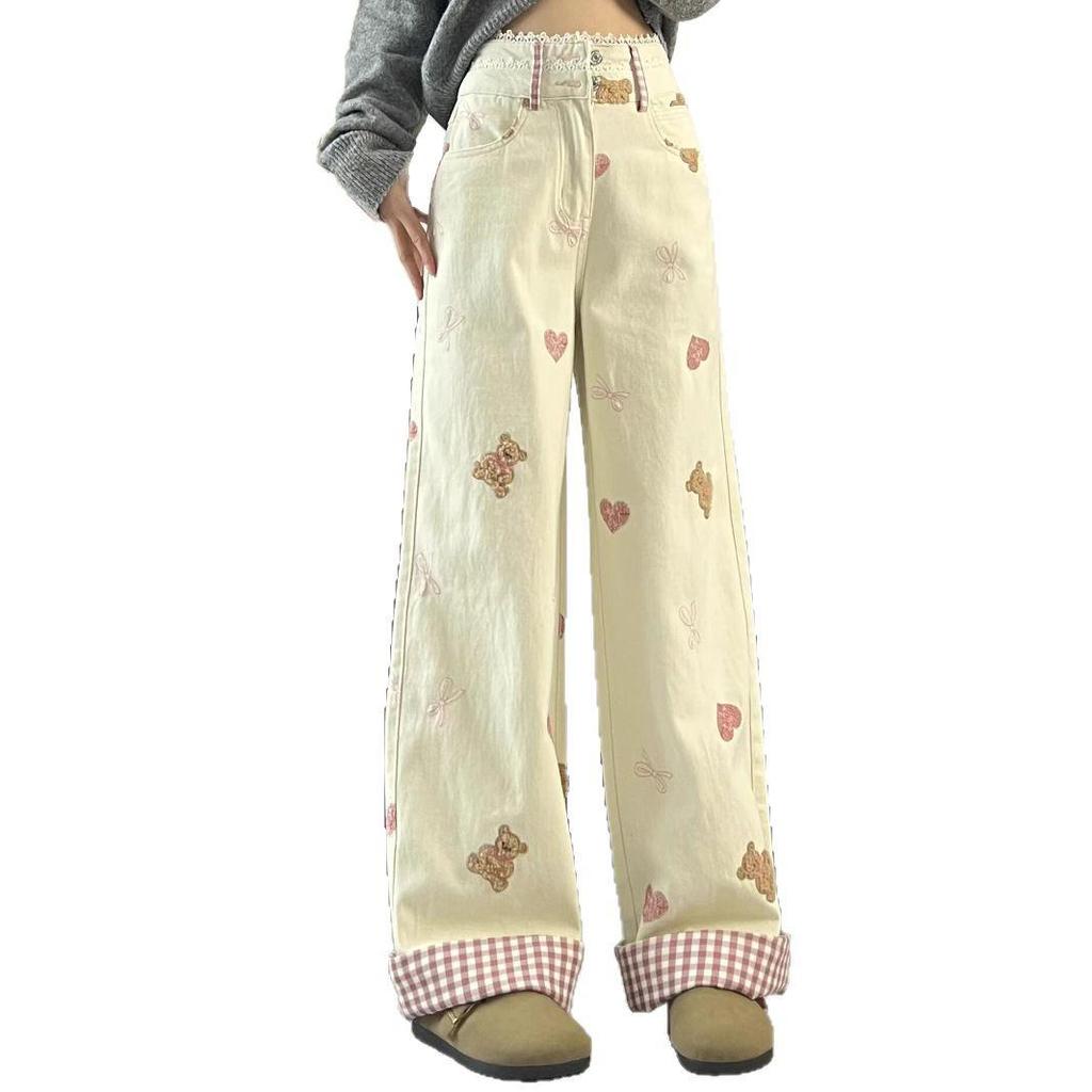 2025 Spring Little Bear Embroidered Pink Plaid Straight-Leg Jeans for Women - Slimming, Loose Fit