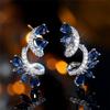 Cute Female Crystal White Blue Zircon Stone Leaf Flower Stud Earrings Vintage Silver Color Party Wedding  For Women