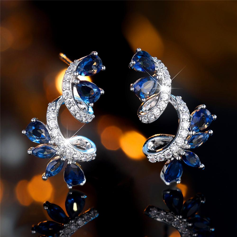 Cute Female Crystal White Blue Zircon Stone Leaf Flower Stud Earrings Vintage Silver Color Party Wedding  For Women