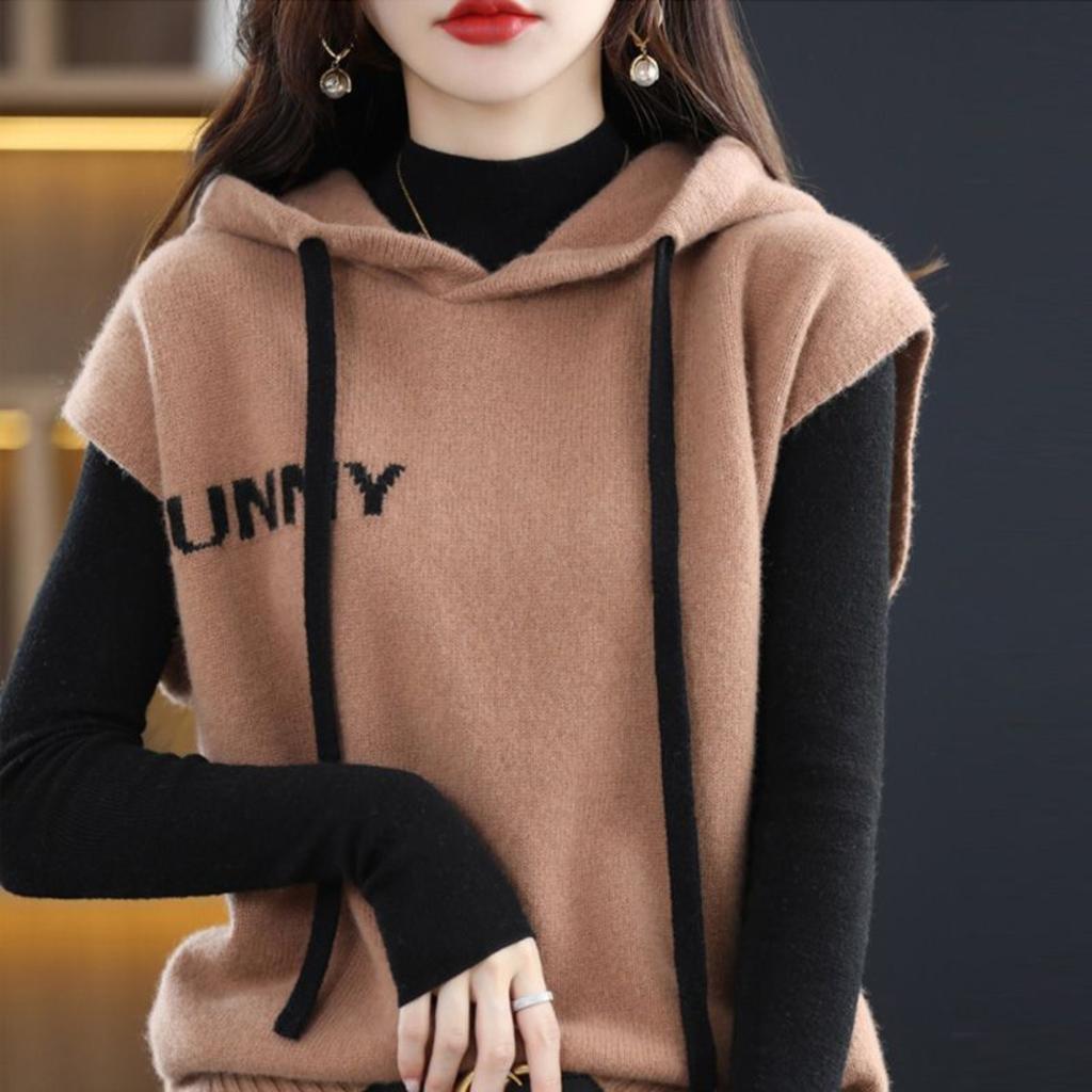 Ermeløs hettegenser, Dame Høst og Vinter Løstsittende Hettegenser Strikket Basegenser