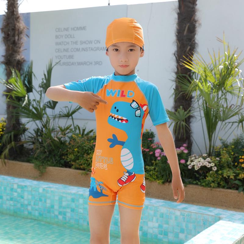 Children's Boys' One-Piece Short-Sleeve Swimsuit: Medium & Large, Quick-Dry, UV Protection
