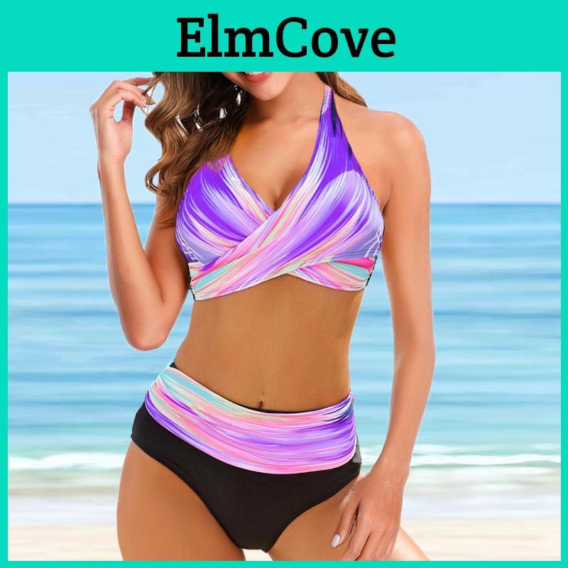 Colorful Womens Swimsuit Strap Shoulder Silk Ribbon Printed Bikini Short Tank Top Swimsuit