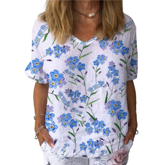 Women T-shirt V-neck Short Sleeve Flower Printed Tee Shirt Loose Fit Dropped Shoulder Sleeve
