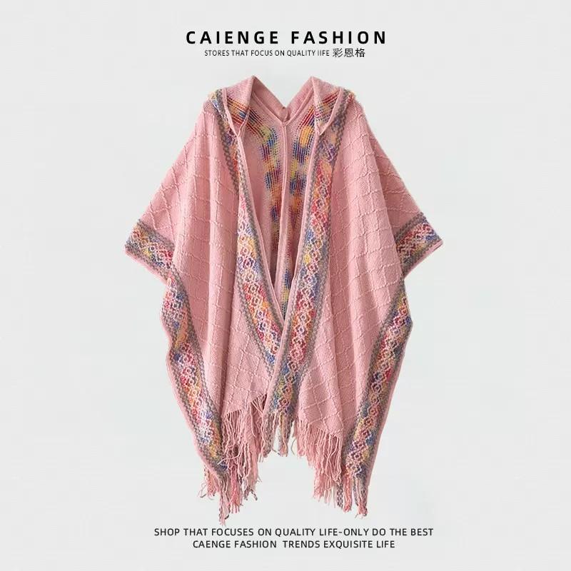 Этническая накидка-пончо с капюшоном для женщин, надеваемая запахом One Size