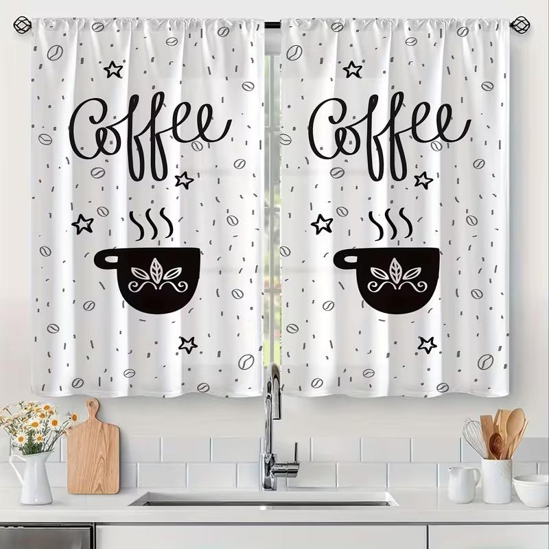 

Coffee Cup Print Curtains Suitable Bedroom Living Room Kitchen Decoration Home Shop Made Of Polyester Great Decor W100*H70(CM)-Grommet top&2PCS