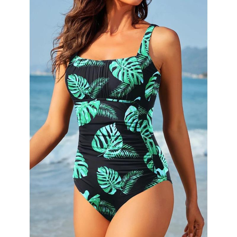 One Piece Ruched Front Swimsuit 2026 Women Vintage Solid Print Swimwear Padded Bathing Bodysuit Bather Swimming Beachwear Summer