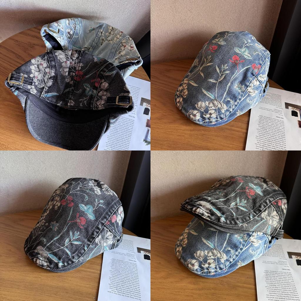 Ethnic Style Denim Cotton Cap With Floral Print For Streetwear And Sun Protection