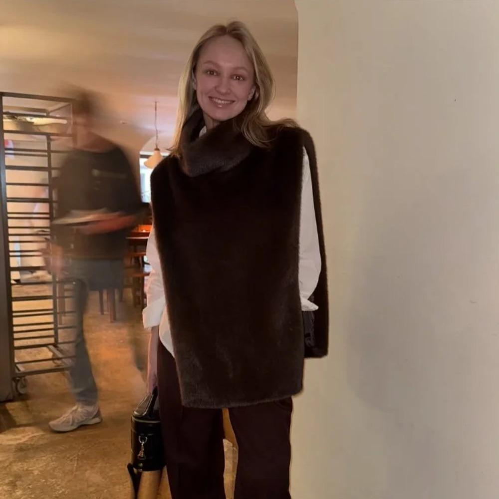 Faux Fur Vests Women Loose High Neck Hollow Out Sleeveless Belts Solid Crop Top Female Chic Warm Tank Tops