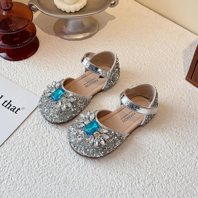 Girls Dance Shoes Shiny Crystal Sequins Kids Half Sandals for Summer Ins Trend 2025 New Girls Princess Shoes Wedding Party Sweet
