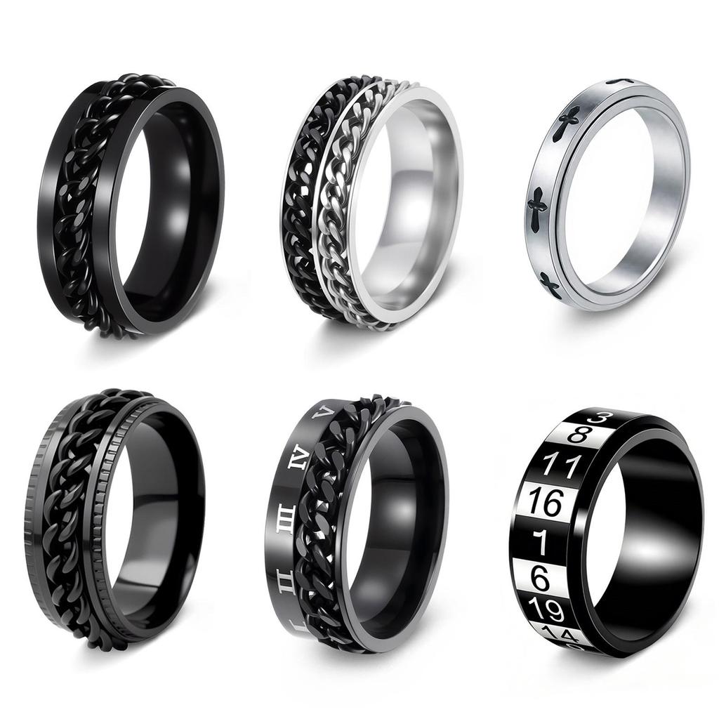 European & American Trendy Titanium Steel Men's Rotating Hip Hop Ring - Multiple Styles Set