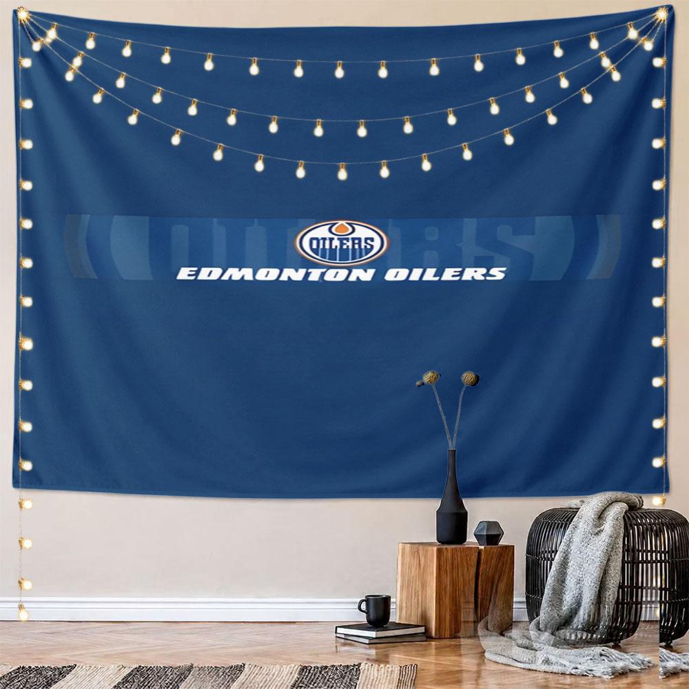 Edmonton Oilers Logo auf blauem Muster Wandbehang Wandteppich Dekorative Tapisserie Heimdekoration für Schlafzimmer und Wohnzimmer