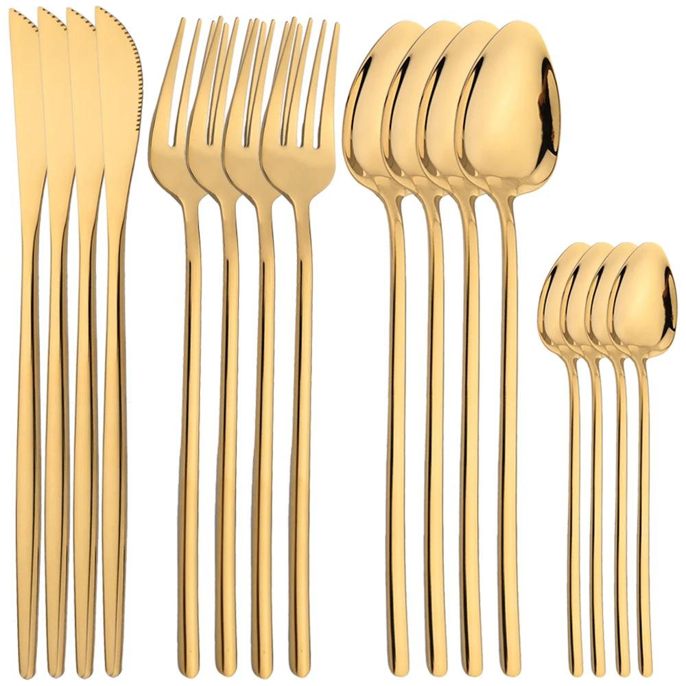 16dílná sada příborů z nerezové oceli, nádobí, nůž, vidlička, lžíce, zrcadlo, zlatý příbor, balíček, kvalitní sady příborů