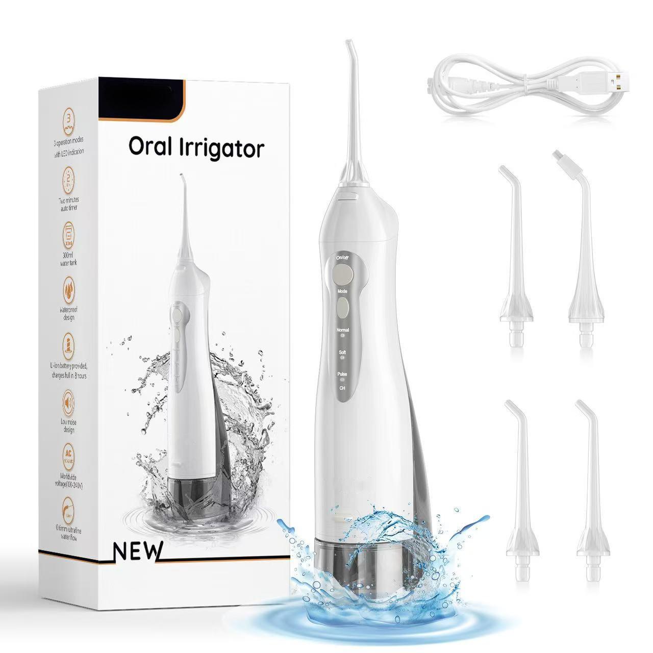 

Портативный ирригатор полости рта IPX7 Дентальный ирригатор USB Перезаряжаемый Водяная струя Зубная нить Зубочистка 4 насадки 300 мл 3 режима Чистка зубов белый