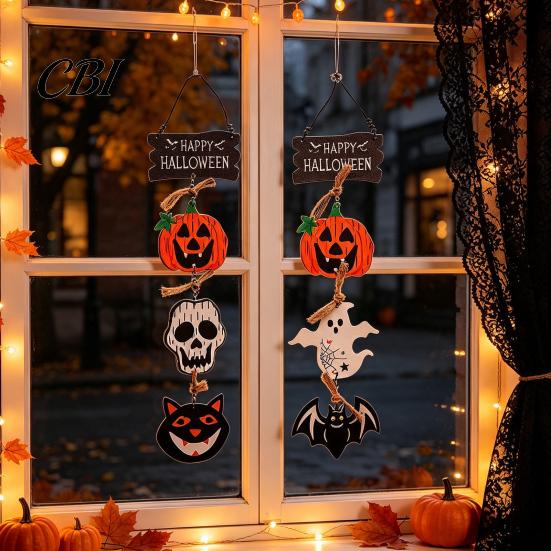 Retro Distressed Holiday Plaque Happy Halloween Wooden Sign, Spooky Pumpkin Ghost Cat Bat Door Hanger, Wall Decor Rustic Farmhouse Hanging Sign