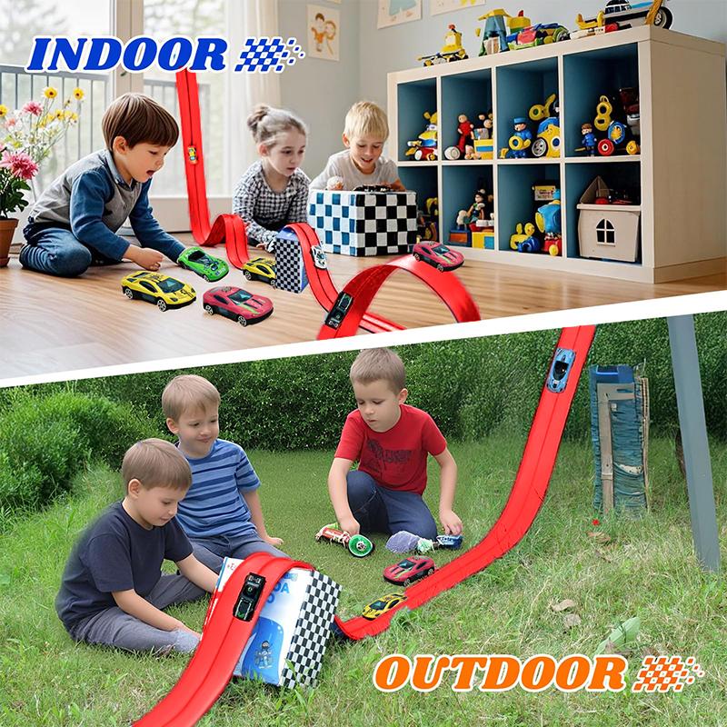 13 fot og 16 fot fleksibel racerbane for barn, racerbil rampebane med sugekopper og 4 små racerbiler