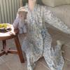 Women's Long Sleeve Kimono Pajama Dress - Sweet Chinese Pastoral Style for Spring & Autumn, Mid-Length, Loose Fit, Outdoor Wear