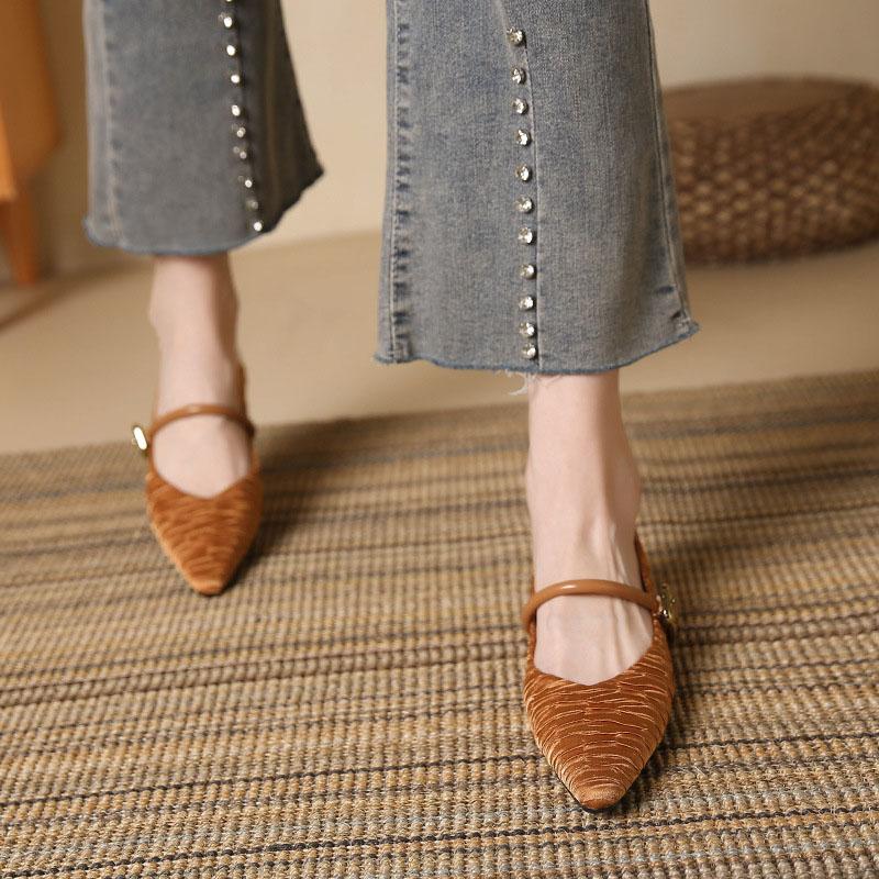 Flat Buckle with Shallow Mouth, Pointed Toe, Thick Heel, Comfortable Commuting Shoes