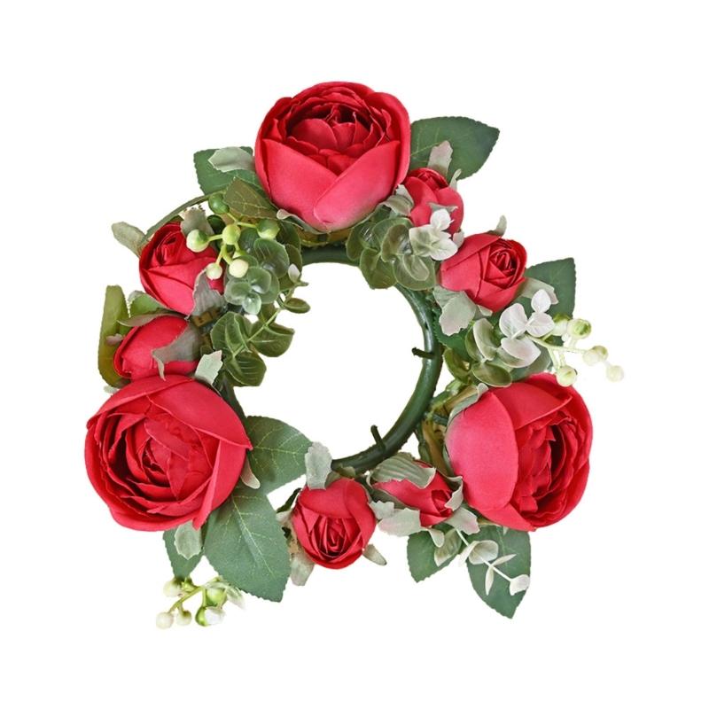 Artificial Rose Flower Candle Wreath Valentine's Day Candle Stand Rings for Pillars Wine Bottle Wedding Decoration