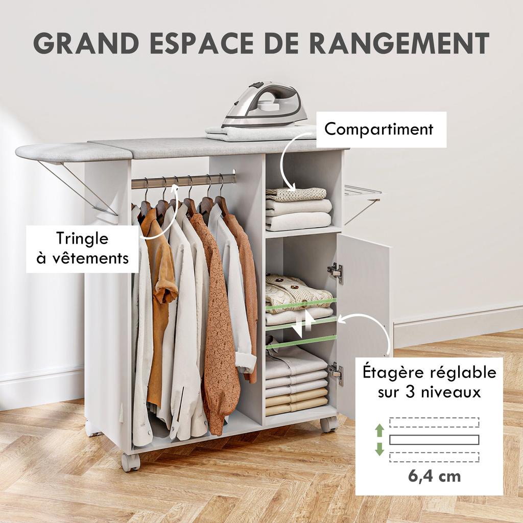 Rollbares Bügelbrettschrank, Klappbare Bügelstation mit Stauraum, Räder für Zuhause, Waschküche, Weiß